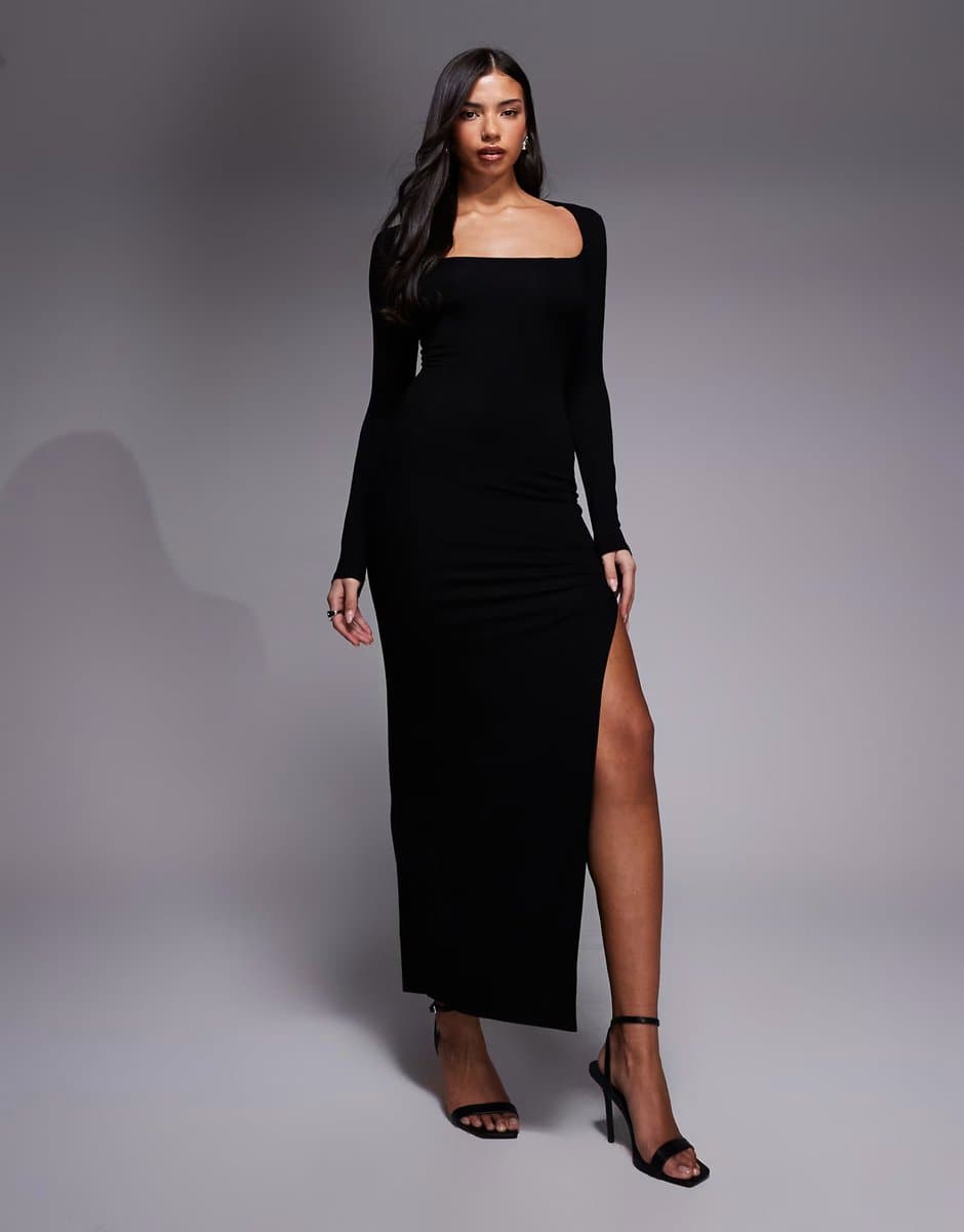 ASOS ASOS DESIGN long sleeve super scoop maxi dress with side split in black