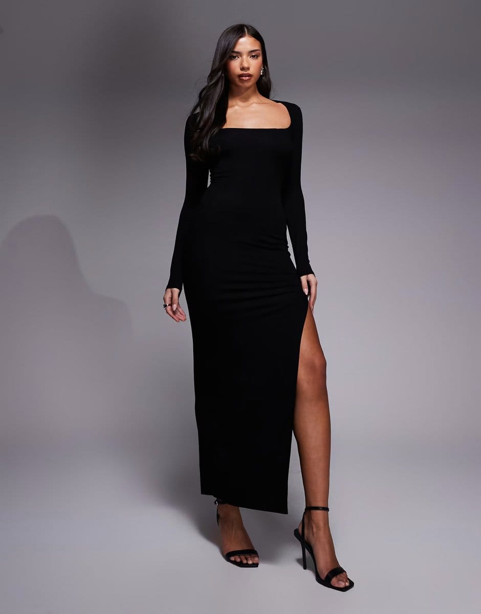 ASOS ASOS DESIGN long sleeve super scoop maxi dress with side split in black - 1