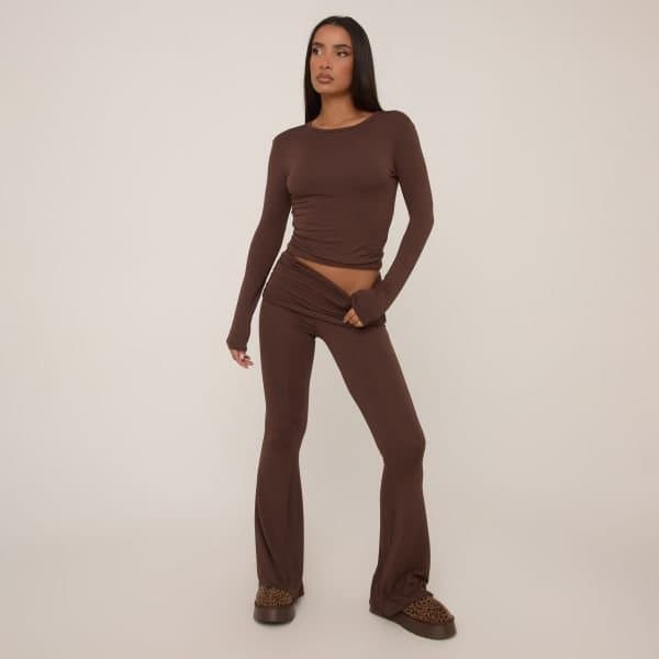 EGO EGO Chocolate Brown Flared Trousers with Fold Over Waistband