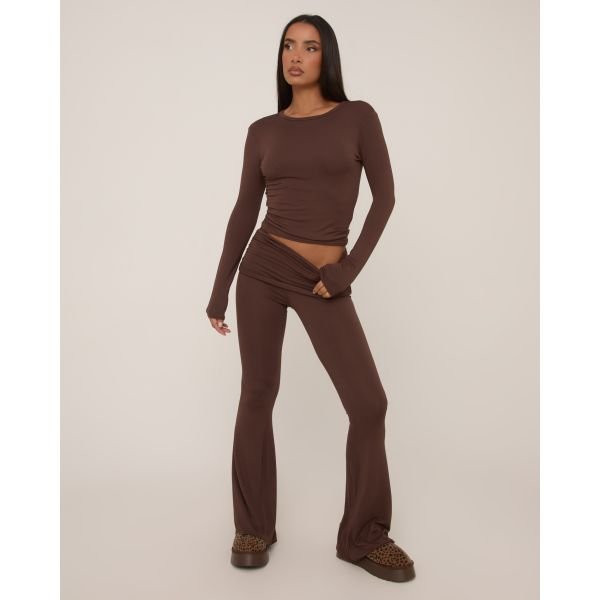 EGO Fold Over Waistband Detail Flared Trousers In Chocolate Brown, Women's Size UK 16 - 2