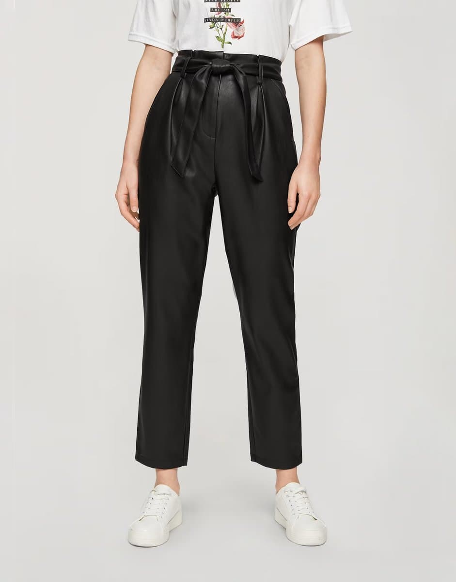 ASOS Miss Selfridge faux leather paperbag trousers in black