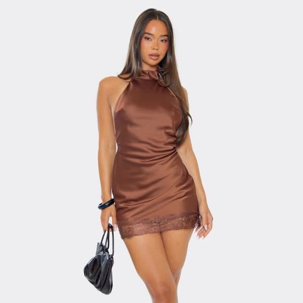 EGO Hight Neck Low Back Lace Trim Detail Mini Dress In Brown Satin, Women's Size UK 4