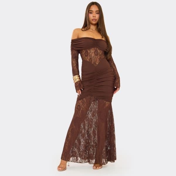 EGO Bardot Contrast Ruched Detail Maxi Dress In Chocolate Brown Lace, Women's Size UK Medium M