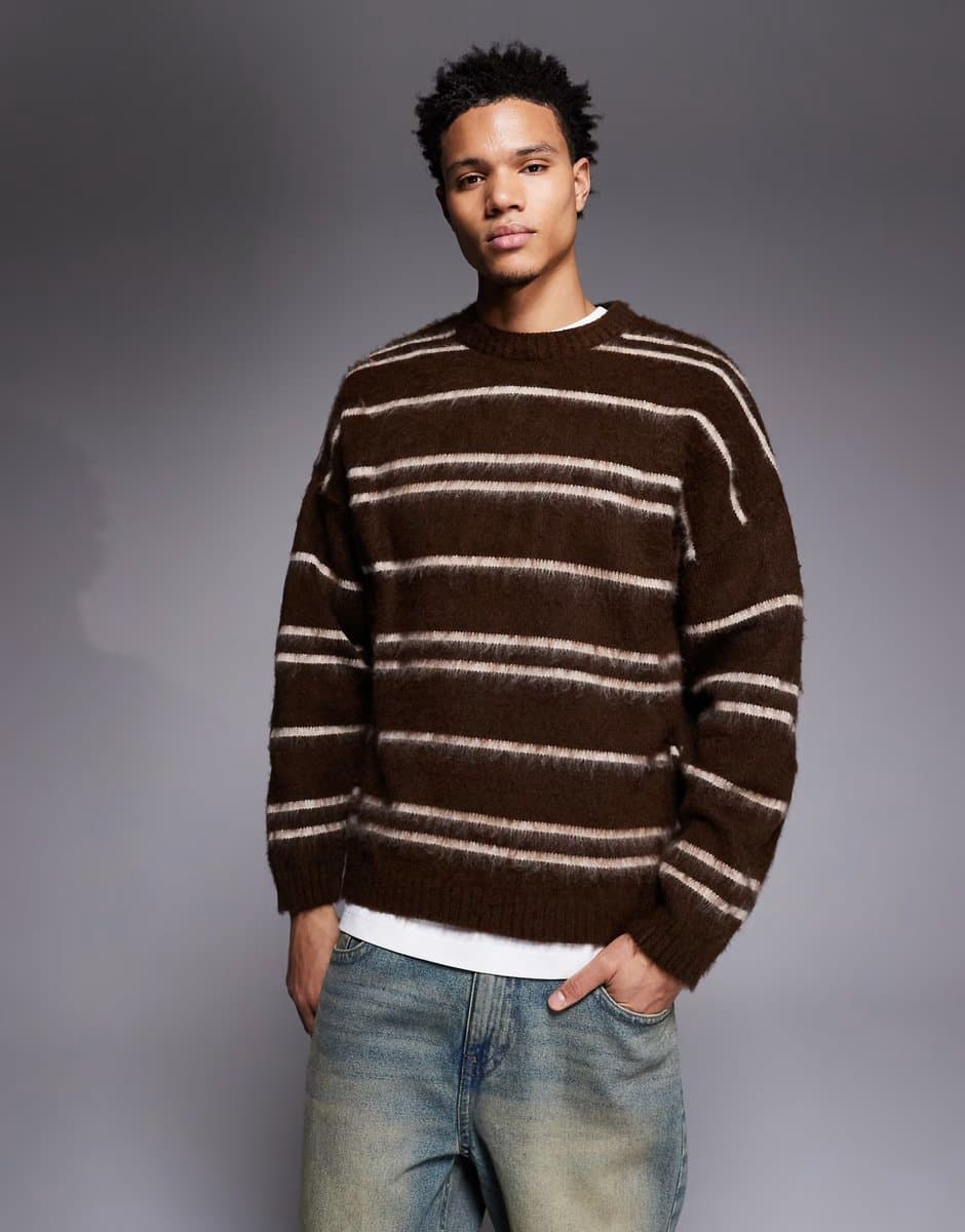 ASOS ASOS DESIGN oversized super fluffy knitted jumper in brown and ecru stripes
