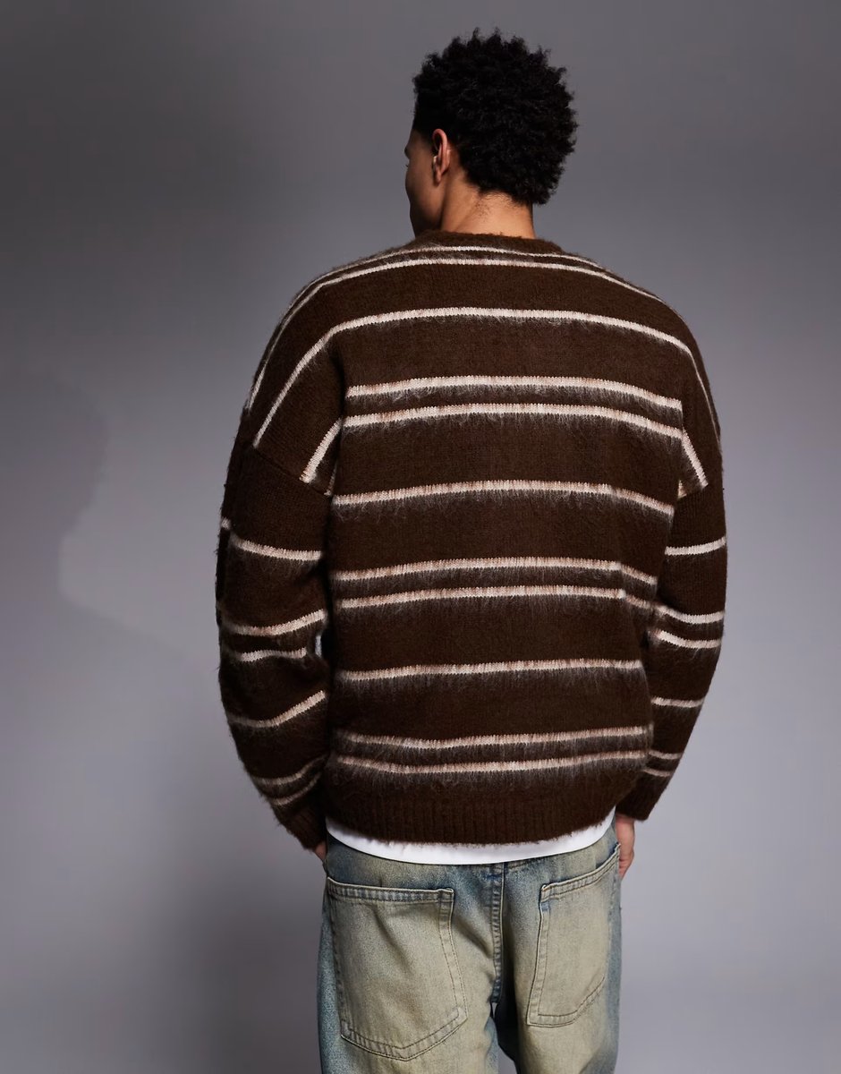 ASOS ASOS DESIGN oversized super fluffy knitted jumper in brown and ecru stripes - 3