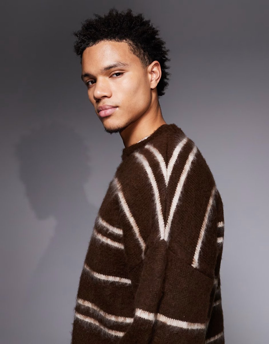 ASOS ASOS DESIGN oversized super fluffy knitted jumper in brown and ecru stripes - 4