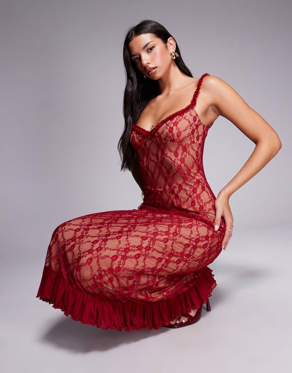 ASOS Tiger Mist Deja 90s Lace Ruffle Trim Bow Detail Midi Dress in Red