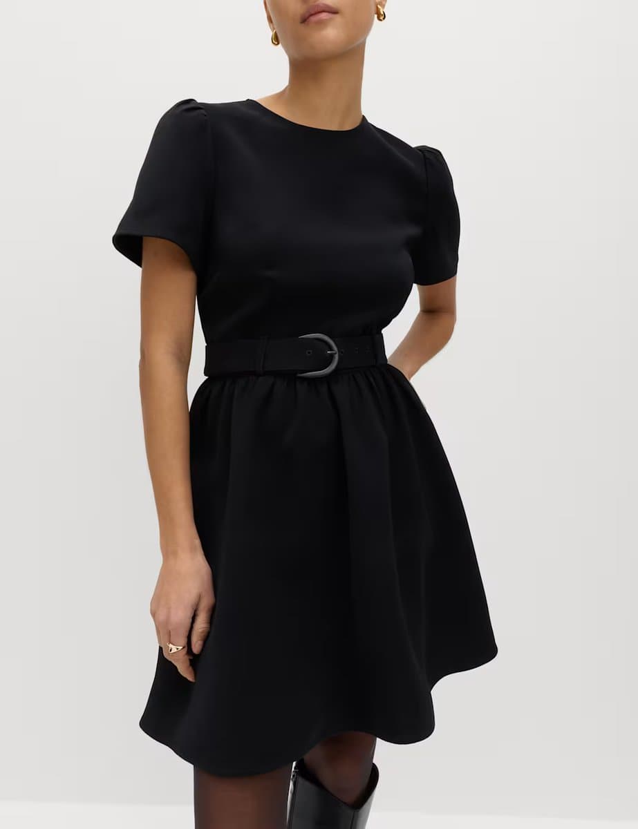 Marks & Spencer M&S Puff Sleeve Belted Mini Skater Dress Black