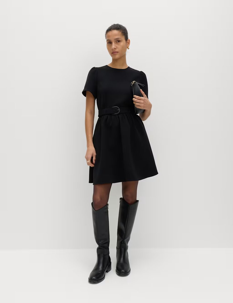 Marks & Spencer M&S Puff Sleeve Belted Mini Skater Dress Black - 4