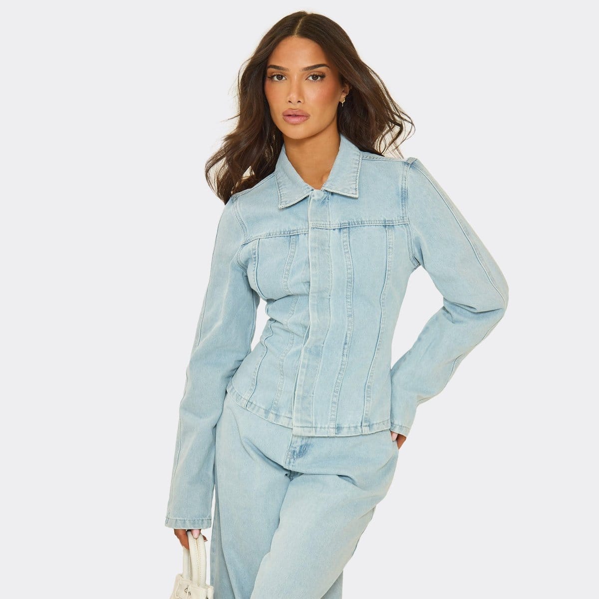 EGO Long Sleeve Seam Detail Cinched Waist Jacket In Light Blue Denim, Women's Size UK 6 - 1