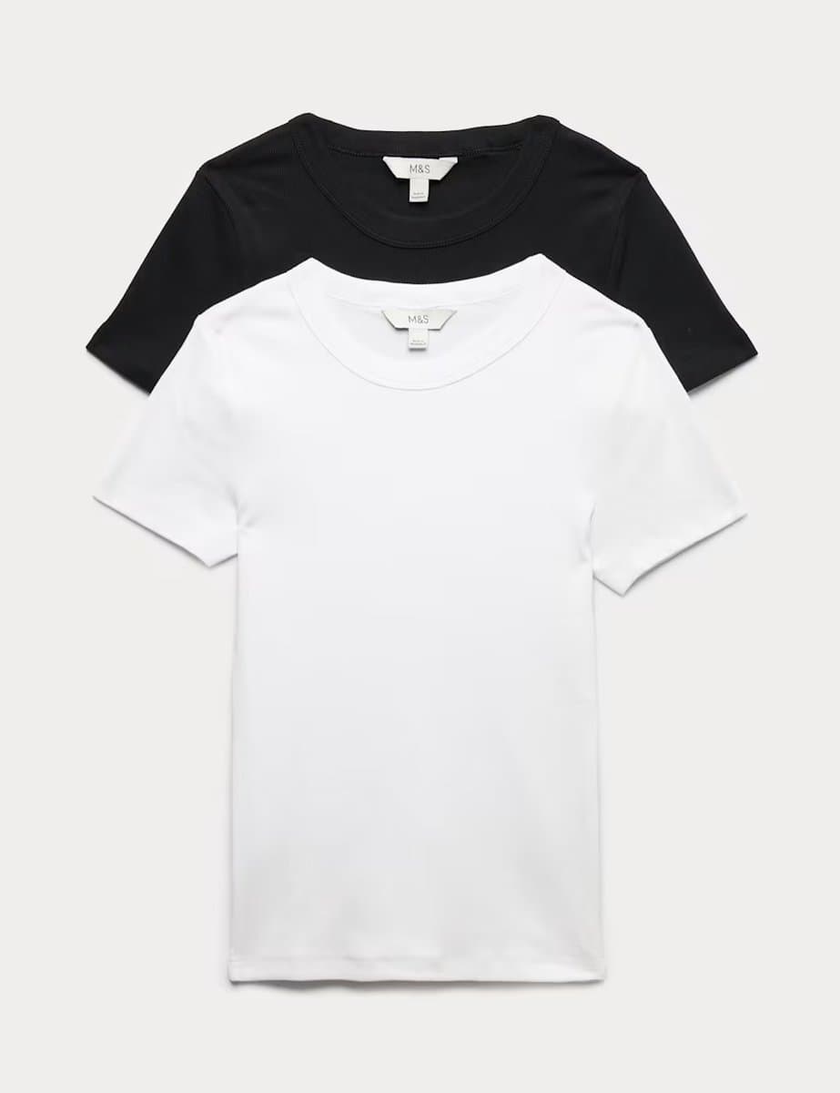 Marks & Spencer M&S 2 Pack Cotton Rich Ribbed T-Shirts Black/White