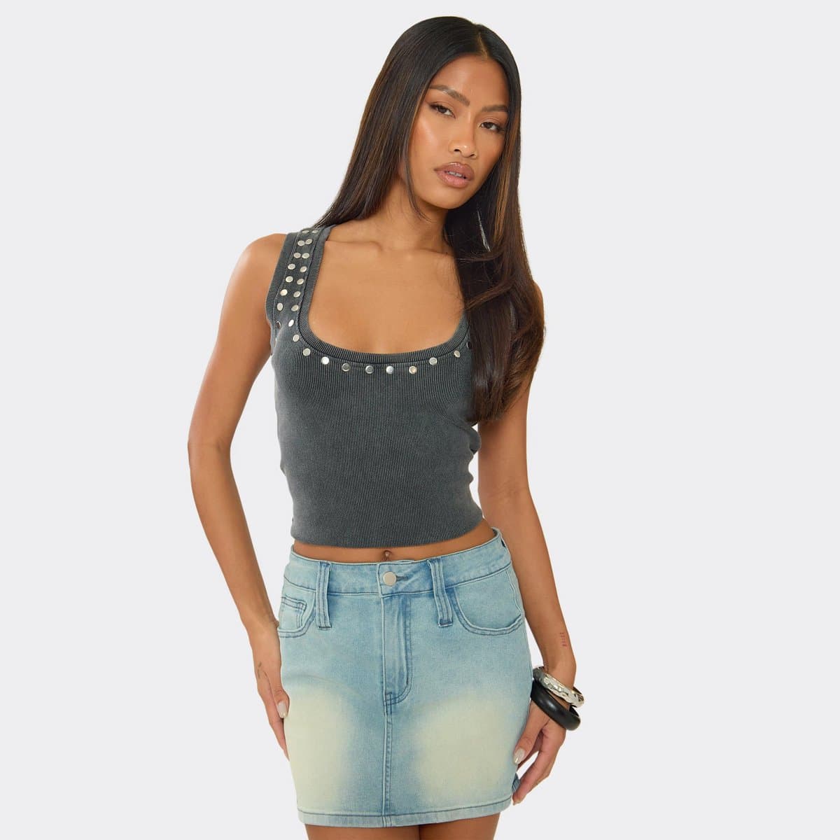 EGO EGO Cool-Girl Scoop Neck Stud Detail Vest Top in Washed Grey Rib