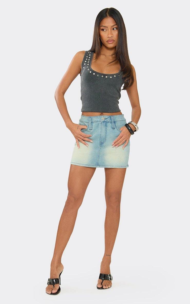 EGO Scoop Neck Stud Detail Vest Top In Washed Grey Rib, Women's Size UK 6 - 2