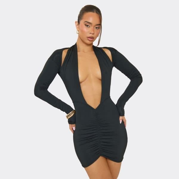 EGO Long Sleeve Halterneck Cut Out Detail Mini Dress In Black, Women's Size UK Large L