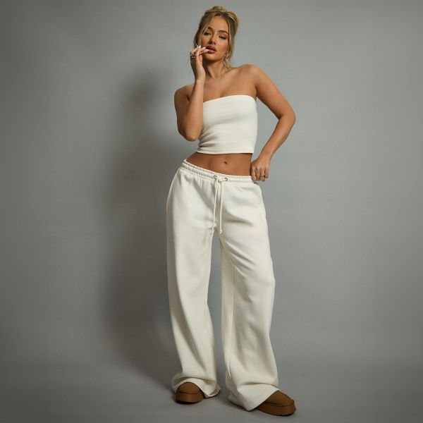 EGO Drawstring Waist Wide Leg Joggers In Cream, Women's Size UK 10 - 2