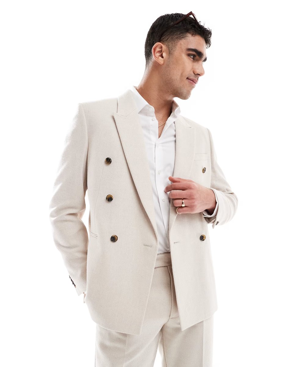 ASOS ASOS DESIGN wool blend double breasted regular suit jacket in stone basketweave - 2