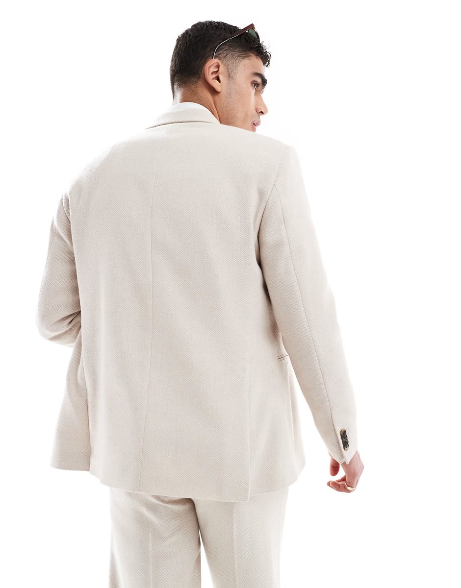 ASOS ASOS DESIGN wool blend double breasted regular suit jacket in stone basketweave - 3