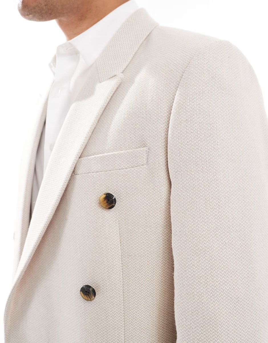 ASOS ASOS DESIGN wool blend double breasted regular suit jacket in stone basketweave - 4