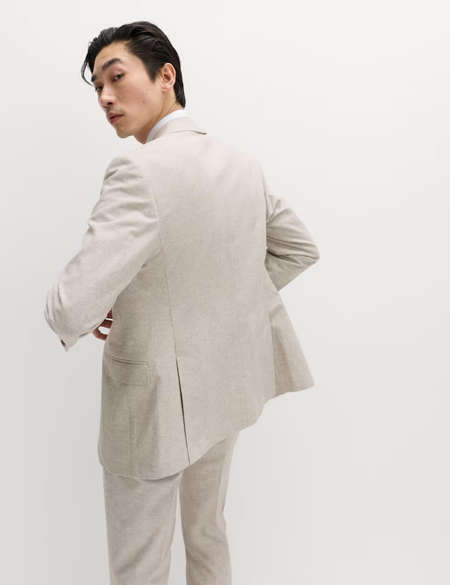 Marks & Spencer M&S Tailored Fit Cotton Linen Striped Jacket Neutral - 3