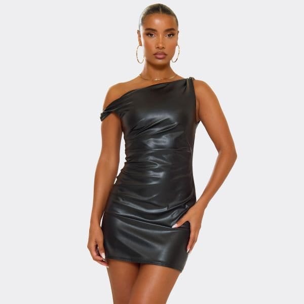 EGO Asymmetric Strap Ruched Mini Bodycon Dress In Black Faux Leather, Women's Size UK 6 - 1