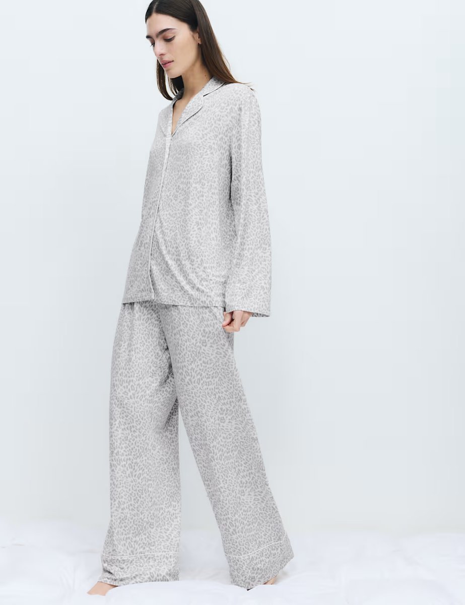 Marks & Spencer M&S Soft Touch Printed Revere Pyjama Set Grey Mix - 2