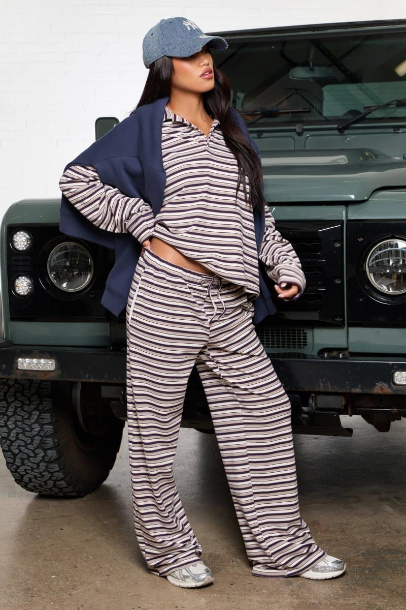 Kaiia Kaiia Striped Fleece Wide Leg Trousers Purple & Beige Multi