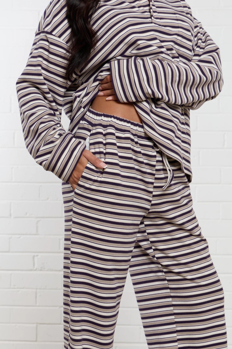 Kaiia Kaiia Striped Fleece Wide Leg Trousers Purple & Beige Multi - 2