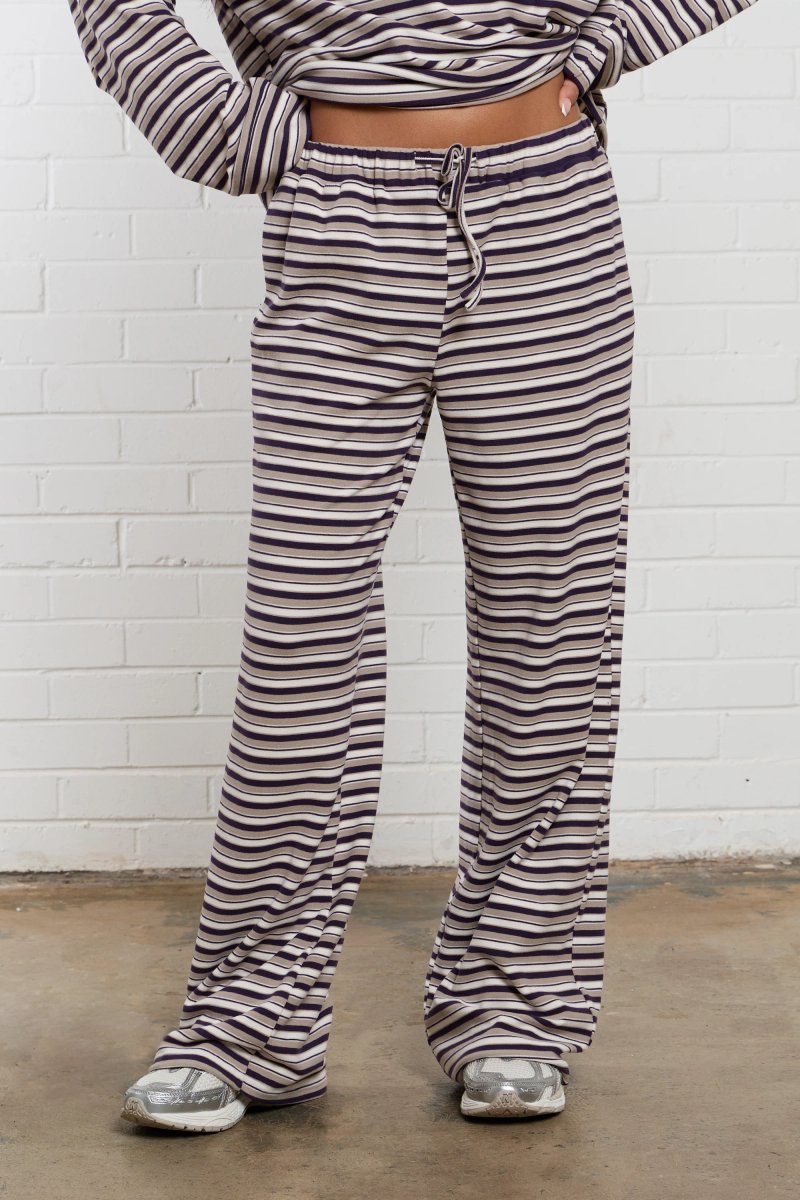 Kaiia Kaiia Striped Fleece Wide Leg Trousers Purple & Beige Multi - 3