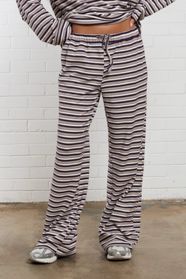 Kaiia Kaiia Striped Fleece Wide Leg Trousers Purple & Beige Multi - 3