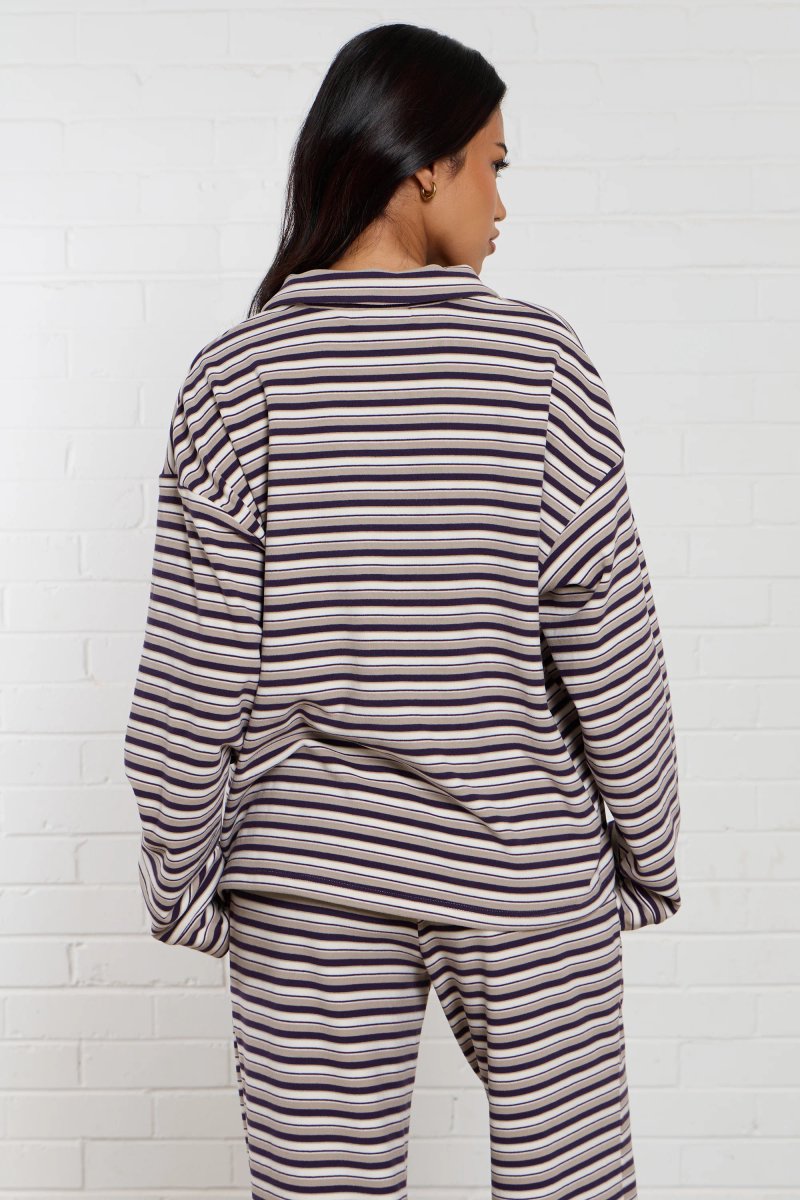 Kaiia Kaiia Striped Fleece Wide Leg Trousers Purple & Beige Multi - 4