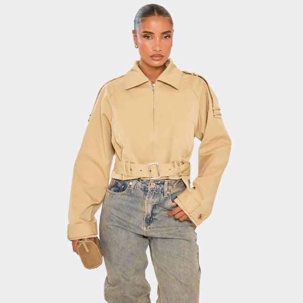 EGO Collared Belted Hem Detail Zip Down Trench Coat In Beige, Women's Size UK 4 - 1