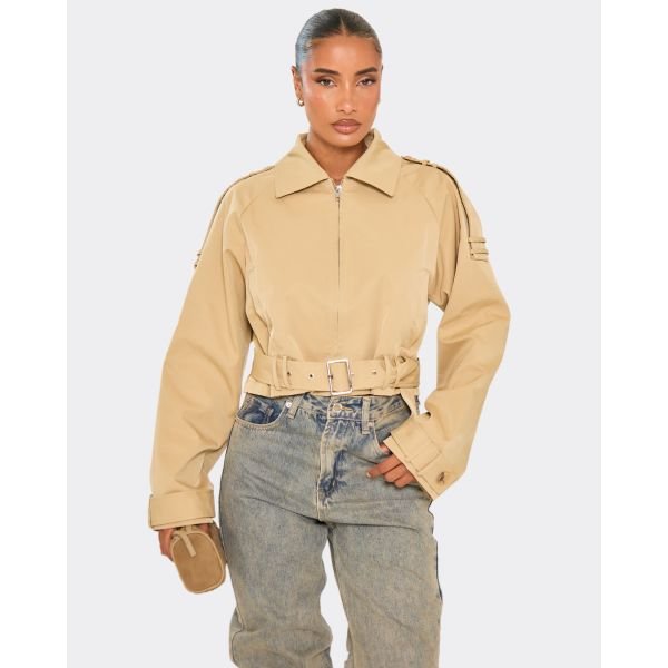 EGO Collared Belted Hem Detail Zip Down Trench Coat In Beige, Women's Size UK 4 - 2