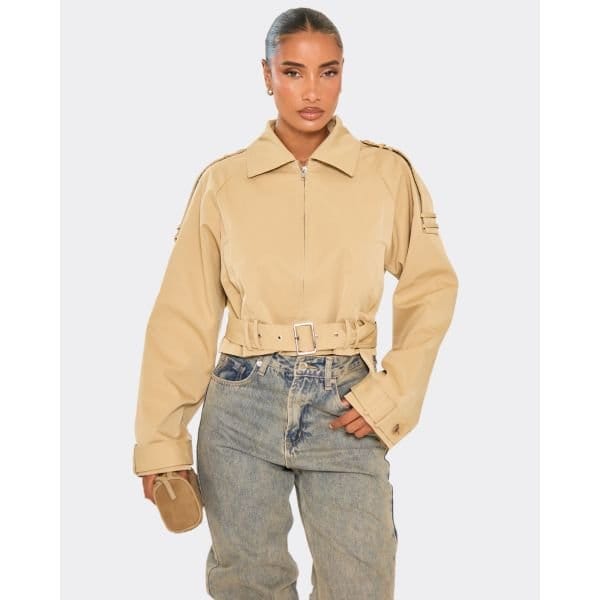 EGO Collared Belted Hem Detail Zip Down Trench Coat In Beige, Women's Size UK 4 - 2