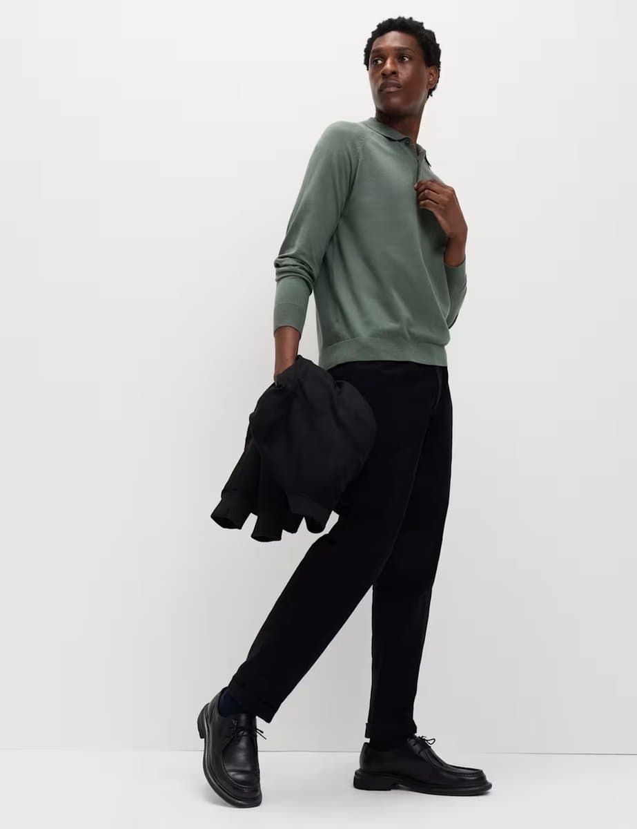 Marks & Spencer M&S Cotton Rich Knitted Polo Shirt Moss Green