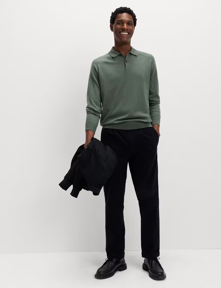 Marks & Spencer M&S Cotton Rich Knitted Polo Shirt Moss Green - 4