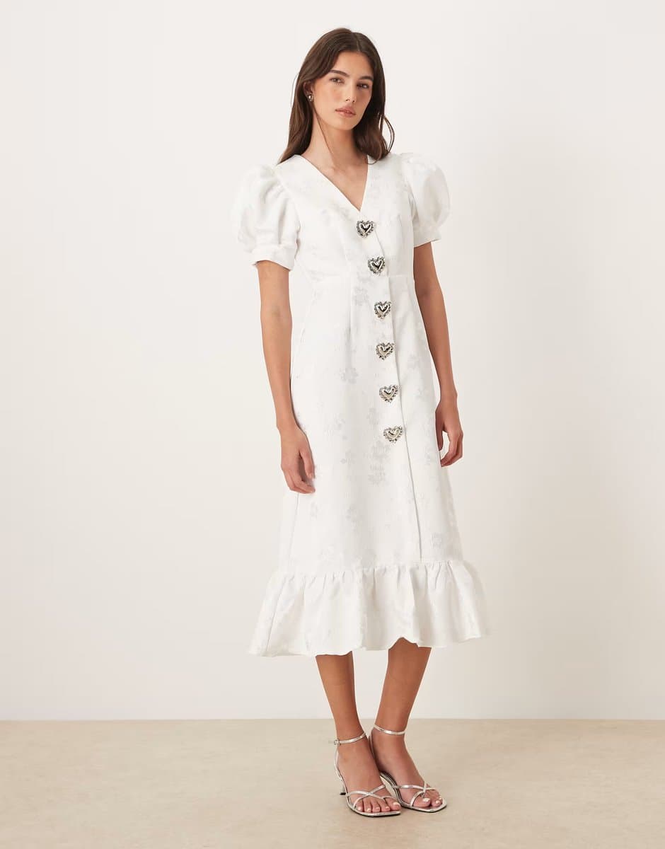 ASOS Sister Jane Carnival exclusive puff sleeve heart button up midi dress in ivory