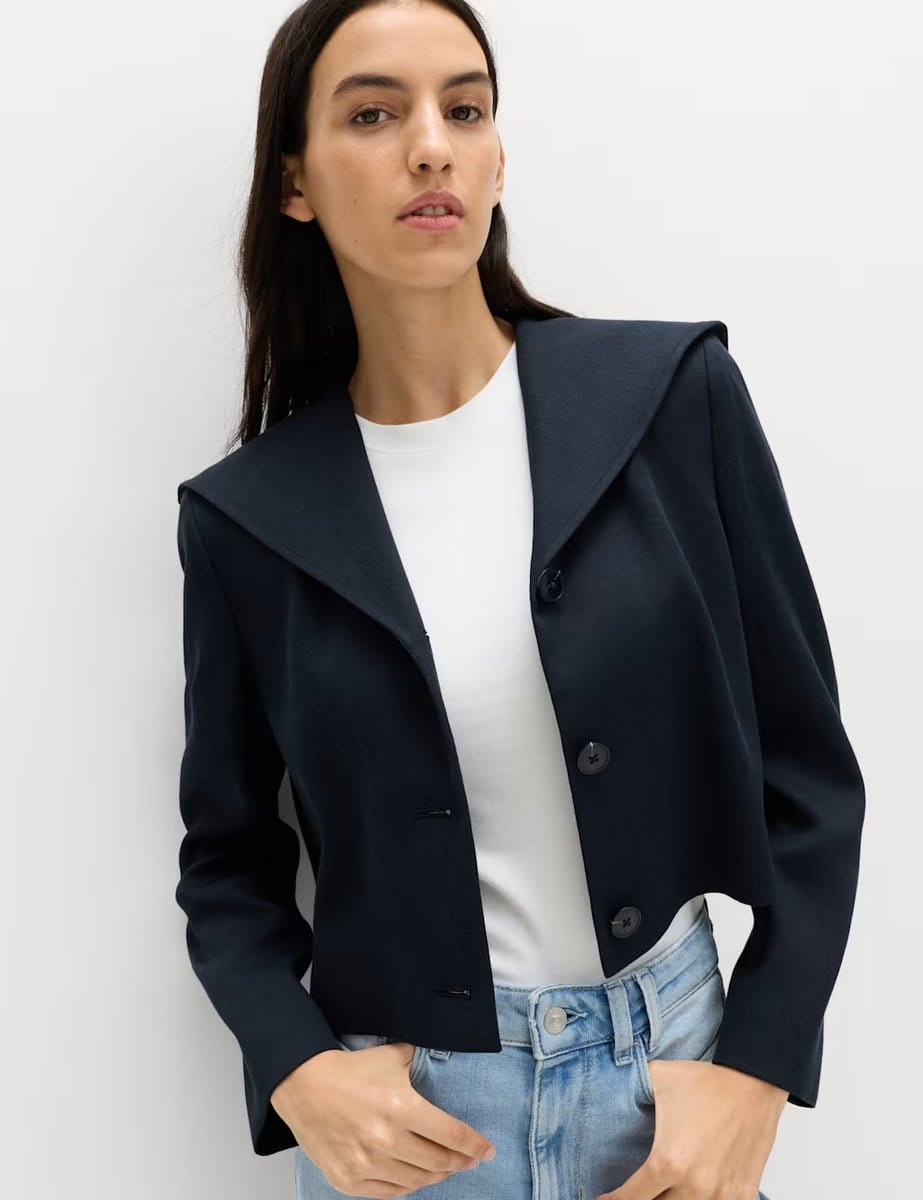 Marks & Spencer M&S Collared Short Sailor Jacket with Linen Navy - 1