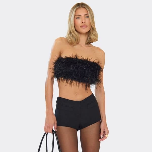 EGO Bandeu Crop Top In Black Feather, Women's Size UK 8
