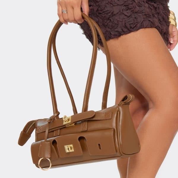 EGO EGO Lock Detail Rectangle Shoulder Bag in Tan Brown Faux Leather