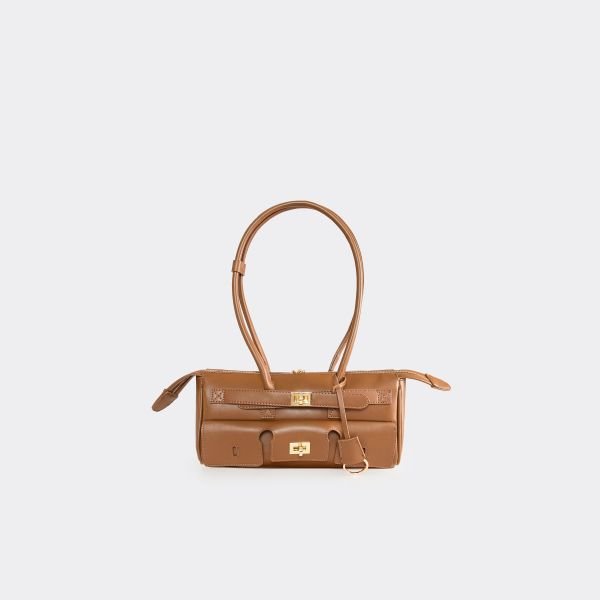EGO Bravo Lock Detail Rectangle Shaped Shoulder Bag In Tan Brown Faux Leather, Women's Size UK One Size - 2