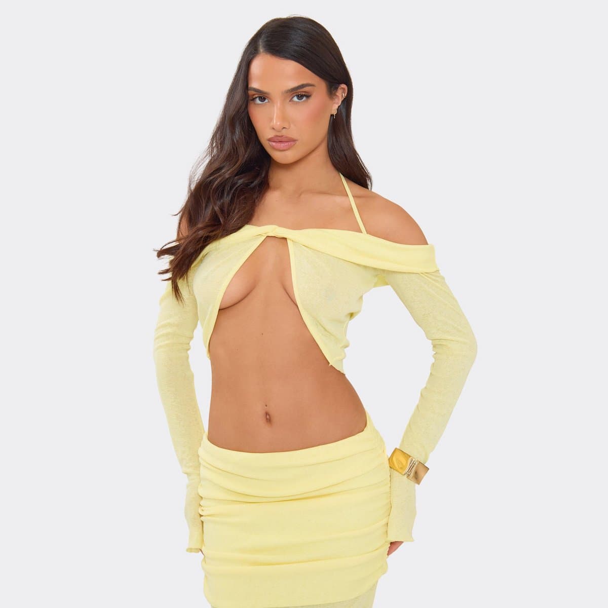 EGO Long Sleeve Halterneck Knot Front Detail Crop Top In Lemon Yellow, Women's Size UK 6