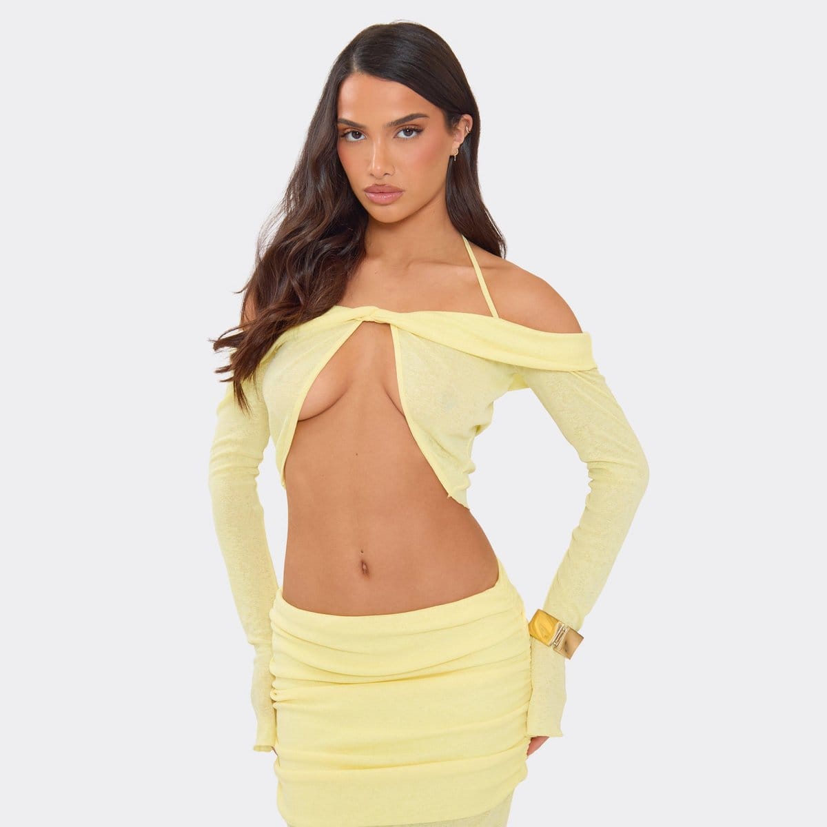 EGO Long Sleeve Halterneck Knot Front Detail Crop Top In Lemon Yellow, Women's Size UK 6 - 1