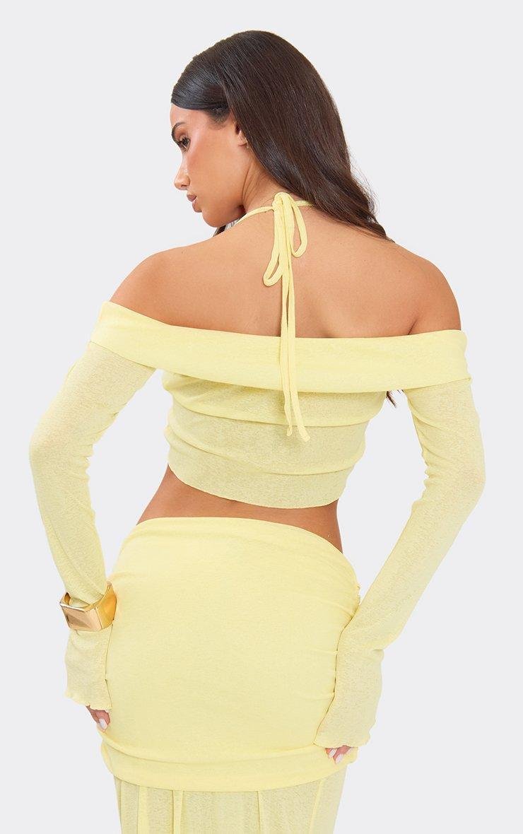 EGO Long Sleeve Halterneck Knot Front Detail Crop Top In Lemon Yellow, Women's Size UK 6 - 2