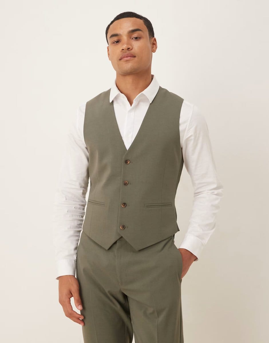 ASOS ASOS DESIGN skinny fit waistcoat in khaki - 1