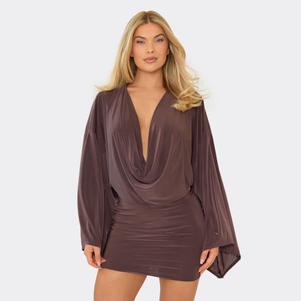 EGO Batwing Cowl Neck Mini Dress In Chocolate Brown Slinky, Women's Size UK 6