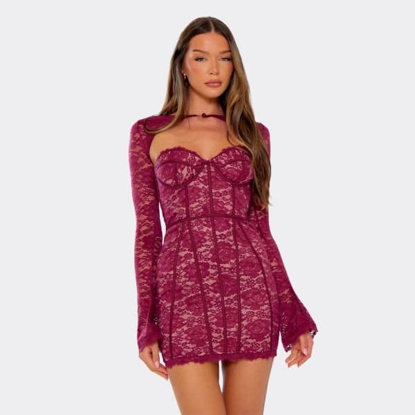EGO Flared Detachable Sleeves Underwire Corset Detail Mini Dress In Burgundy Lace, Women's Size UK 4