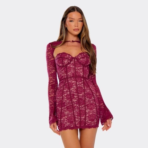 EGO Flared Detachable Sleeves Underwire Corset Detail Mini Dress In Burgundy Lace, Women's Size UK 4 - 1