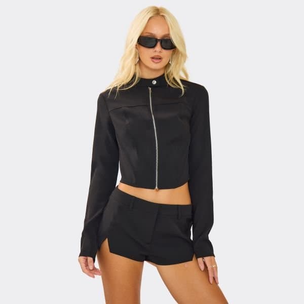 EGO Long Sleeve Fitted Zip Up Cropped Jacket In Black, Women's Size UK 6