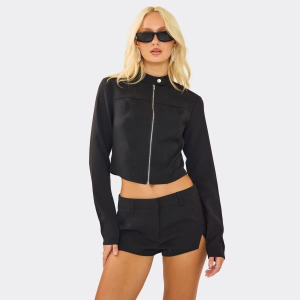 EGO Long Sleeve Fitted Zip Up Cropped Jacket In Black, Women's Size UK 6 - 2