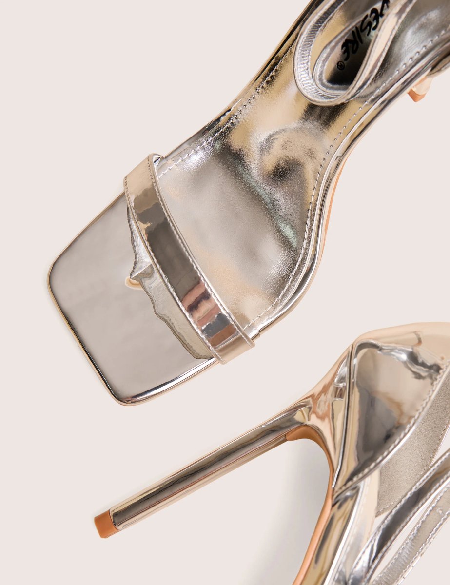 Public Desire Chaos Silver Square Toe Strappy Barely There Stiletto Heel - 4